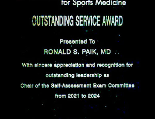 Dr. Paik was recently honored with the Outstanding Service Award from the American Orthopaedic Society for Sports Medicine